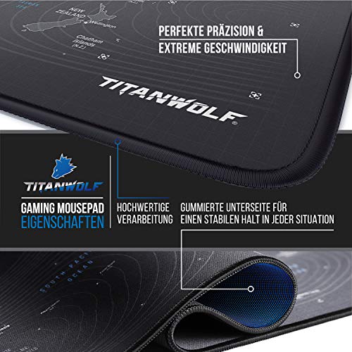 TITANWOLF XXL Speed Gaming Mauspad - 900 x 400mm - XXL Mousepad - Tischunterlage Large Size - verbessert Präzision und Geschwindigkeit - rutschfest - Design Weltkarte Wolfskopf Bild 4