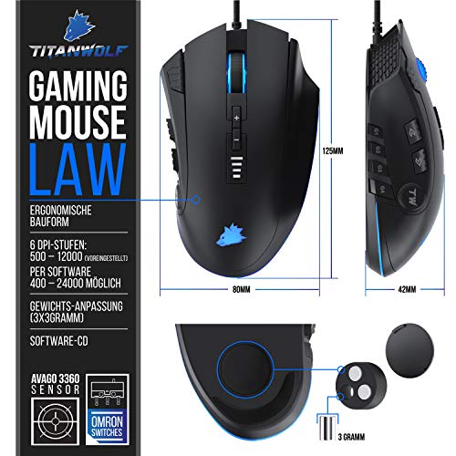Titanwolf - Gaming Maus - Mouse mit 24.000 DPI Abtastrate - Sensor Avago 3360-12 Tasten - inkl. Software Makroprogrammierung - RGB mit Rainbow Backlight - Gewichtstuning - Polling-Rate bis 1000 Hz Bild 2