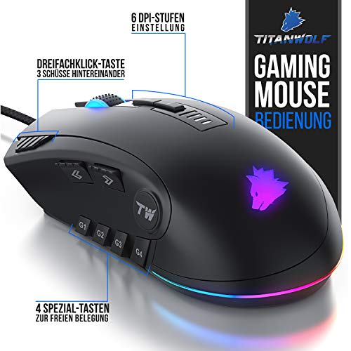 Titanwolf - Gaming Maus - Mouse mit 24.000 DPI Abtastrate - Sensor Avago 3360-12 Tasten - inkl. Software Makroprogrammierung - RGB mit Rainbow Backlight - Gewichtstuning - Polling-Rate bis 1000 Hz Bild 3