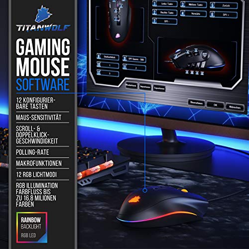 Titanwolf - Gaming Maus - Mouse mit 24.000 DPI Abtastrate - Sensor Avago 3360-12 Tasten - inkl. Software Makroprogrammierung - RGB mit Rainbow Backlight - Gewichtstuning - Polling-Rate bis 1000 Hz Bild 4