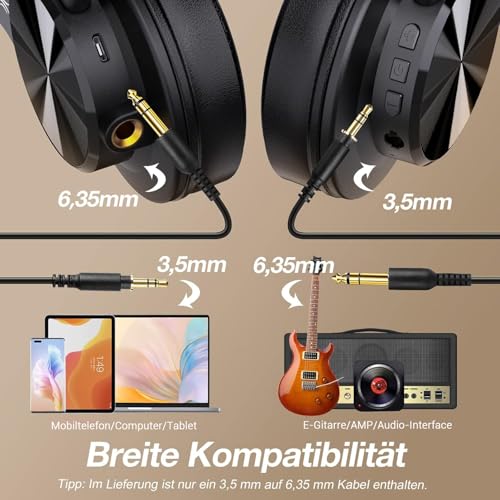 OneOdio Bluetooth Kopfhörer Over Ear, 72 Stdn HiFi Stereo Kopfhörer Kabellos, Wireless Headphones mit 6.35mm & 3.5mm Klinke für Studio DJ Handy PC AMP - Schwarz Bild 4