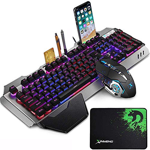 Kabelgebundene Gaming-Tastatur und -Maus-Set, RGB-LED-Hintergrundbeleuchtung, Metallplatte, 104 Tasten, Handauflage, USB-Gamer, beleuchtete Tastatur, 2400 DPI, optische 6 Tasten, PC-Spielmaus + Bild 1
