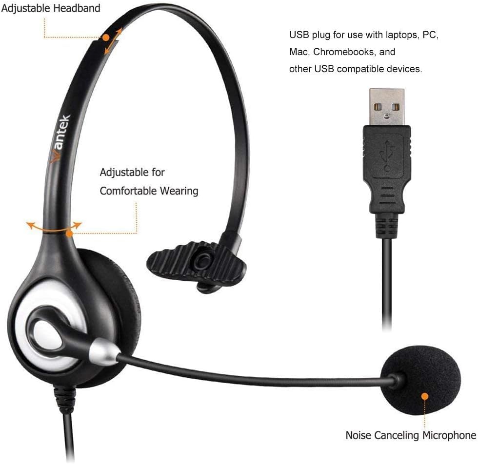 Wantek Einohriges USB Headset mit Mikrofon, Noise Cancelling Büro Headset für PC Laptop, Kabelgebundenes Call Center Headset mit Stummschaltung Plug & Play für Homeoffice Zoom Teams Bild 3