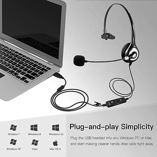Wantek Einohriges USB Headset mit Mikrofon, Noise Cancelling Büro Headset für PC Laptop, Kabelgebundenes Call Center Headset mit Stummschaltung Plug & Play für Homeoffice Zoom Teams Bild 6
