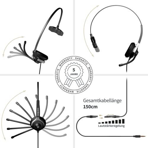 GEQUDIO Headset mit 3,5mm Klinke kompatibel mit FritzFon C6, X6, MacBook, Smartphone, Speedphone, Notebook, PC, Laptop - Kopfhörer & Mikrofon mit Ersatz Polster - leicht 60g (1-Ohr) Bild 3