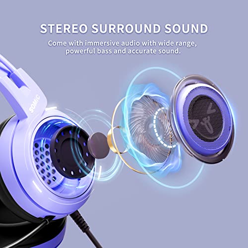 Somic G951S Violett Gaming Headset mit Mikrofon, Mädchen, Frauen Abnehmbarer Cat-Ear-Kopfhörer mit Lautstärkeregler für Xbox One, PS4, Smartphone- 3,5-mm-Buchse Bild 2