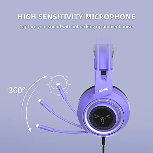 Somic G951S Violett Gaming Headset mit Mikrofon, Mädchen, Frauen Abnehmbarer Cat-Ear-Kopfhörer mit Lautstärkeregler für Xbox One, PS4, Smartphone- 3,5-mm-Buchse Bild 3