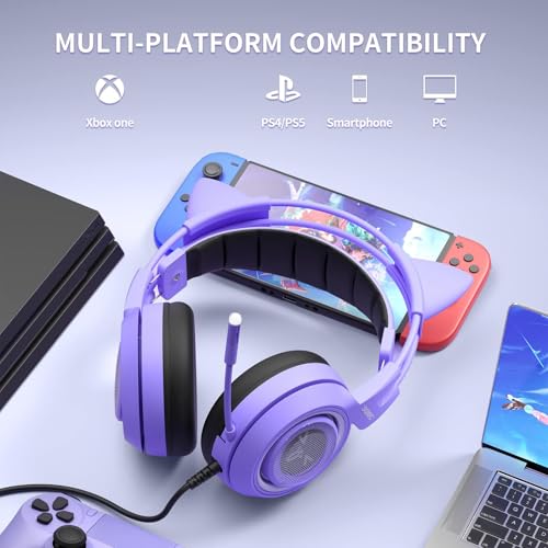 Somic G951S Violett Gaming Headset mit Mikrofon, Mädchen, Frauen Abnehmbarer Cat-Ear-Kopfhörer mit Lautstärkeregler für Xbox One, PS4, Smartphone- 3,5-mm-Buchse Bild 4