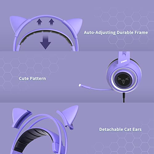 Somic G951S Violett Gaming Headset mit Mikrofon, Mädchen, Frauen Abnehmbarer Cat-Ear-Kopfhörer mit Lautstärkeregler für Xbox One, PS4, Smartphone- 3,5-mm-Buchse Bild 5