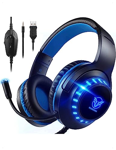 Pacrate Gaming Headset für PS4/PS5/Xbox One/PC/Nintendo Switch, PS4 Kopfhörer mit Kabel Xbox Headset mit Mikrofon, Noise Cancelling PS5 Headset mit LED Lichter - Blau Bild 1