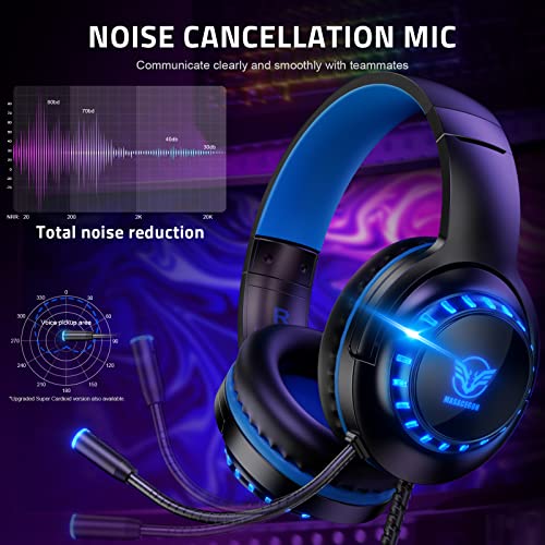 Pacrate Gaming Headset für PS4/PS5/Xbox One/PC/Nintendo Switch, PS4 Kopfhörer mit Kabel Xbox Headset mit Mikrofon, Noise Cancelling PS5 Headset mit LED Lichter - Blau Bild 2