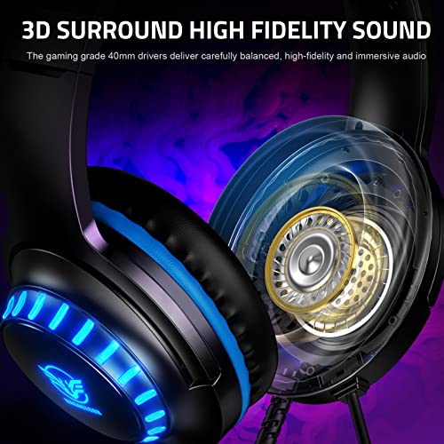 Pacrate Gaming Headset für PS4/PS5/Xbox One/PC/Nintendo Switch, PS4 Kopfhörer mit Kabel Xbox Headset mit Mikrofon, Noise Cancelling PS5 Headset mit LED Lichter - Blau Bild 3
