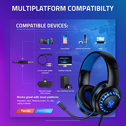 Pacrate Gaming Headset für PS4/PS5/Xbox One/PC/Nintendo Switch, PS4 Kopfhörer mit Kabel Xbox Headset mit Mikrofon, Noise Cancelling PS5 Headset mit LED Lichter - Blau Bild 4