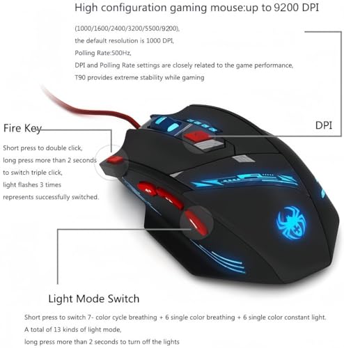 zelotes T90 Gaming Maus 9200 DPI, 8 Programmierbare Tasten, Multi-Modi LED, USB Gaming Maus, Gewichtstuning für Pro Gamer Bild 4