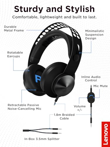 Lenovo Legion H300 Stereo Gaming Headset, Noise-Cancelling Mikrofon, Memory Foam & PU Leder Ohrmuscheln, Edelstahl Headband, PC, PS4, Xbox One, Nintendo Switch, Mac, GXD0T69863, Schwarz Bild 4