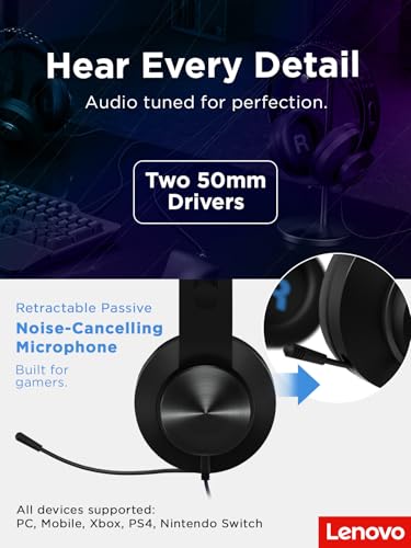 Lenovo Legion H300 Stereo Gaming Headset, Noise-Cancelling Mikrofon, Memory Foam & PU Leder Ohrmuscheln, Edelstahl Headband, PC, PS4, Xbox One, Nintendo Switch, Mac, GXD0T69863, Schwarz Bild 7