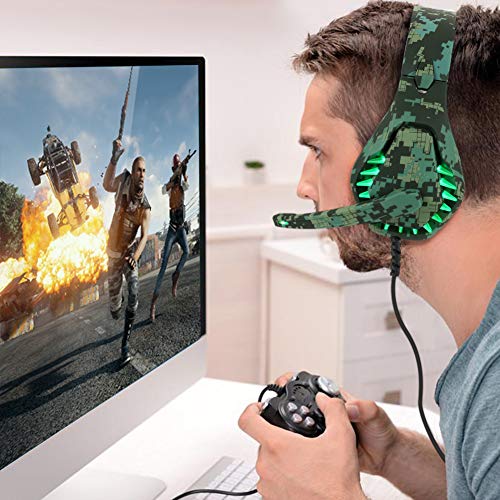 ENVEL Gaming Headset für PS4 PC Xbox One Kopfhörer mit Mikrofon LED Licht Noise Cancelling Over Ear Kompatibel mit Switch PC Laptop Mac PS5, Camouflage grün Bild 2