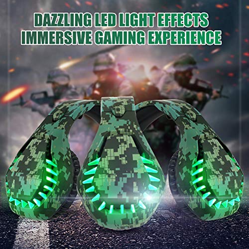 ENVEL Gaming Headset für PS4 PC Xbox One Kopfhörer mit Mikrofon LED Licht Noise Cancelling Over Ear Kompatibel mit Switch PC Laptop Mac PS5, Camouflage grün Bild 3