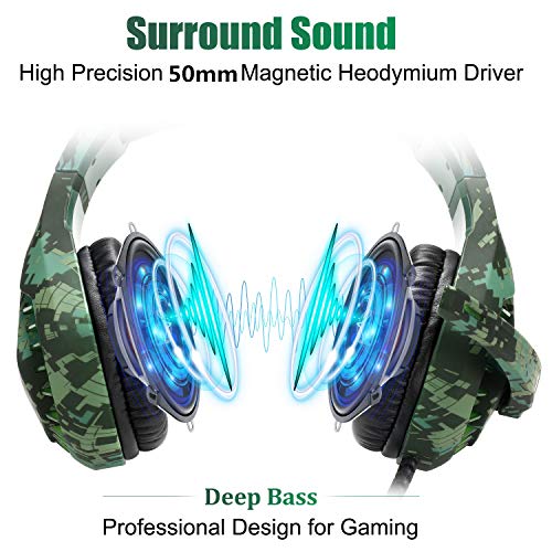 ENVEL Gaming Headset für PS4 PC Xbox One Kopfhörer mit Mikrofon LED Licht Noise Cancelling Over Ear Kompatibel mit Switch PC Laptop Mac PS5, Camouflage grün Bild 4