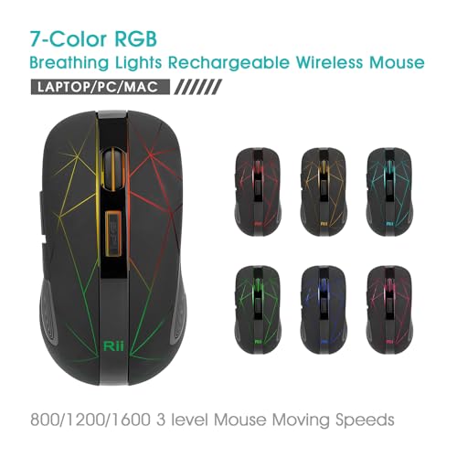 Rii Kabellose Funkmaus, 2.4G Optische Maus Mit USB Nano Empfänger, 7 LED Beleuchtung für Windows/Mac/Linux, Office Home, Schwarz Bild 3