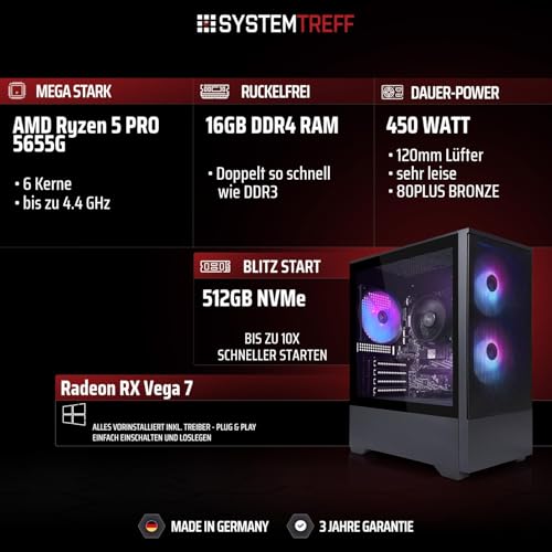 SYSTEMTREFF Basic Gaming PC AMD Ryzen 5 PRO 5655G 6x4.4GHz | Radeon RX Vega 7 4K HDMI DX12 | 512GB M.2 NVMe | 16GB DDR4 RAM | WLAN Desktop Computer Rechner für Gamer, Zocker Bild 2