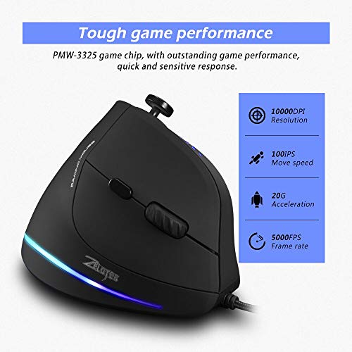 zelotes Vertikale Ergonomische Maus mit Joystick - 10.000 DPI,11 Programmierbare Tasten, USB Optische Gaming Maus mit Kabel für Gaming, Business, PC, Laptop, Mac,Schwarz Bild 5