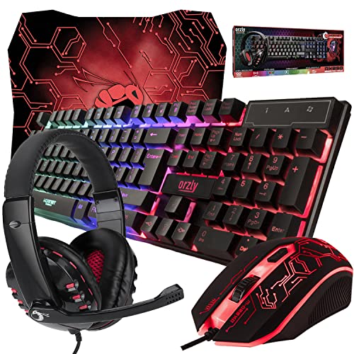 Orzly Tastatur Maus Set Gaming RX250 4 in 1 PC Pack Combo – RGB Hintergrundbeleuchtung Tastatur [QWERTY UK Layout] und Maus [bis zu 3200 DPI], Gaming Headset & Mauspad großen - für PC, Xbox, PS4 Bild 1