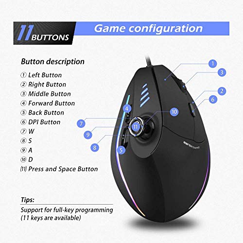 Zeerkeer Vertikale Gaming Maus RGB Kabelgebundene Ergonomische Maus mit Joystick, 11 programmierbare Tasten, 5 einstellbare DPI (1500-2500-4000-7000-10000) für Computerspieler Bild 5