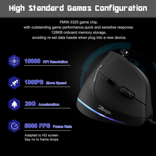 TKMARS Vertikale Gaming Maus mit Joystick, 10000 DPI, 11 programmierbare Tasten, ergonomische USB-Maus für PC & Laptop, optische Kabelmaus für Shooter, MOBA, Office & E-Sport Bild 2