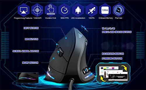 TKMARS Vertikale Gaming Maus mit Joystick, 10000 DPI, 11 programmierbare Tasten, ergonomische USB-Maus für PC & Laptop, optische Kabelmaus für Shooter, MOBA, Office & E-Sport Bild 3