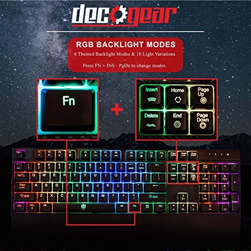 Deco Gear Gaming-Zubehör-Set – Mechanische 18-Muster, 104 Tasten, RGB-Tastatur, 11-Modus, RGB-Gaming-Maus und 81,3 x 30,5 cm erweitertes Mauspad Bild 2