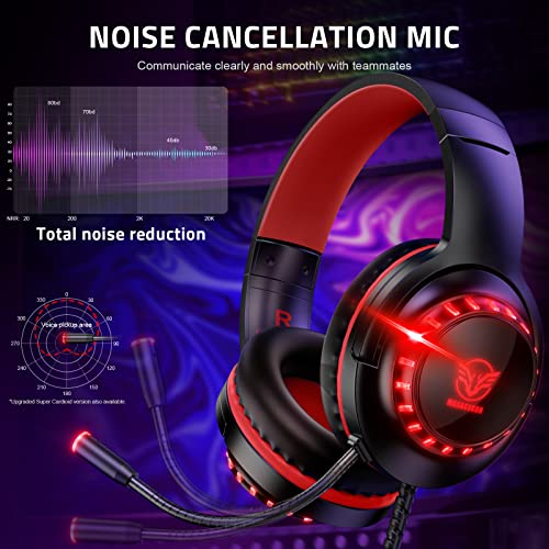 Pacrate Gaming-Headset für PS4/PS5/Xbox One/PC/Nintendo Switch, Gamer PC Kopfhörer mit Mikrofon, Gaming-Switch mit LED-Licht, Gaming-Headset PS5 mit Stereo, Bass, Geräuschunterdrückung, Rot Bild 2