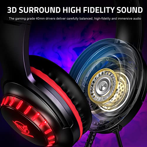 Pacrate Gaming-Headset für PS4/PS5/Xbox One/PC/Nintendo Switch, Gamer PC Kopfhörer mit Mikrofon, Gaming-Switch mit LED-Licht, Gaming-Headset PS5 mit Stereo, Bass, Geräuschunterdrückung, Rot Bild 3