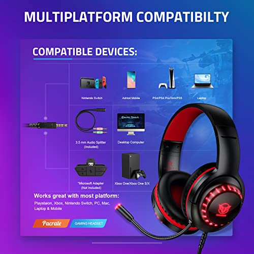 Pacrate Gaming-Headset für PS4/PS5/Xbox One/PC/Nintendo Switch, Gamer PC Kopfhörer mit Mikrofon, Gaming-Switch mit LED-Licht, Gaming-Headset PS5 mit Stereo, Bass, Geräuschunterdrückung, Rot Bild 4