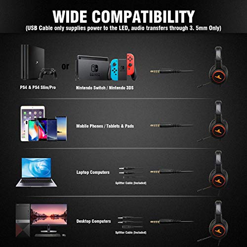LYCANDER Gaming-Headset mit Mikrofon und LED-Licht, 3,5 mm Eingang, für PC, PS4, Xbox One, Nintendo Switch und mehr (Advanced - Schwarz und Orange) Bild 5
