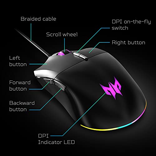 Acer Predator Cestus 330 Gaming-Maus mit PixArt 335-Sensor, einstellbare DPI-Einstellungen, 16,8 Millionen RGB-Farbbeleuchtungs-Kombinationen und NVIDIA Reflex Bild 2