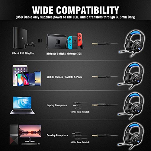 LYCANDER Gaming-Headset mit Mikrofon und LED-Licht, 3,5 mm Eingang, für PC, PS4, Xbox One, Nintendo Switch und mehr (Intermediate - Schwarz und blau) Bild 5