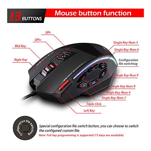 Zelotes C-13 Gaming Maus Wired 10000DPI,RGB,mit 13 Programmiertasten Einstellbar,128 KB Integrierter Speicher Bild 4