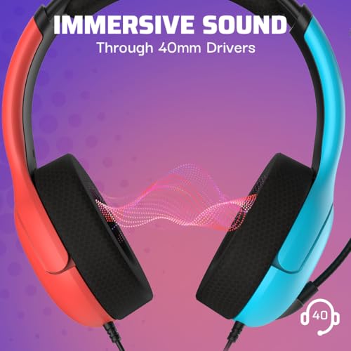 PDP Gaming LVL40 Stereo Kopfhörer mit Mic für Nintendo Switch - PC, iPad, Mac, Laptop Compatible - Noise Cancelling Microphone, Lightweight, Soft Komfort On Ear, 3.5 mm Jack - neon Blau-Rot Bild 2