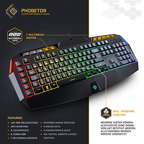 BoostBoxx Phobetor - Gaming Tastatur & Maus Set mit RGB-Beleuchtung - QWERTZ-Tastatur mit programmierbaren Makros - Maus für Rechts- und Linkshänder mit 11 Tasten und bis zu 2500 DPI Bild 2