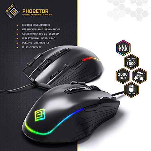 BoostBoxx Phobetor - Gaming Tastatur & Maus Set mit RGB-Beleuchtung - QWERTZ-Tastatur mit programmierbaren Makros - Maus für Rechts- und Linkshänder mit 11 Tasten und bis zu 2500 DPI Bild 3