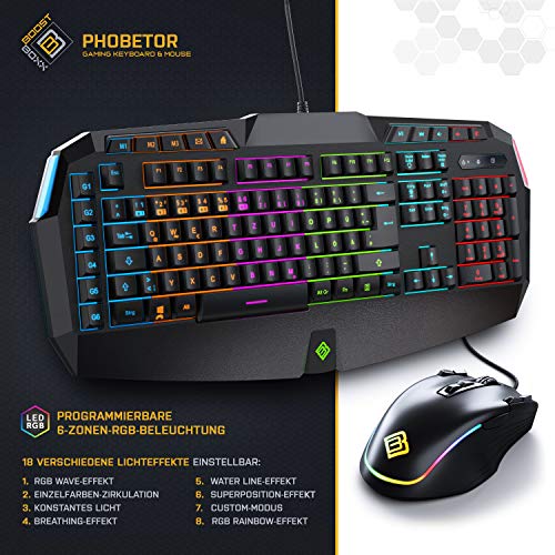 BoostBoxx Phobetor - Gaming Tastatur & Maus Set mit RGB-Beleuchtung - QWERTZ-Tastatur mit programmierbaren Makros - Maus für Rechts- und Linkshänder mit 11 Tasten und bis zu 2500 DPI Bild 6