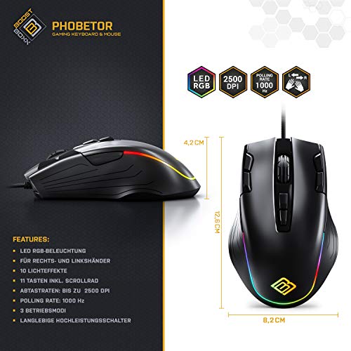 BoostBoxx Phobetor - Gaming Tastatur & Maus Set mit RGB-Beleuchtung - QWERTZ-Tastatur mit programmierbaren Makros - Maus für Rechts- und Linkshänder mit 11 Tasten und bis zu 2500 DPI Bild 7