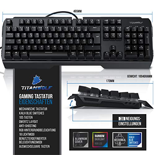 Titanwolf Gaming Set - mechanische Tastatur ALUMAR MMO 10800dpi Gaming Maus Specialist XXL Mauspad Symbol - Mechanical Keyboard - Anti-Ghosting - LED Backlight - 19 Lichtmodi - Makro-Modus Bild 4