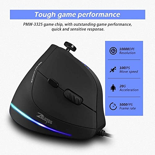 Zeerkeer Ergonomische Vertikale Maus mit 5-Wege-Joystick, RGB Gaming Maus Kabelgebunden, 11 Programmierbare Tasten, 10000 DPI, Komfortable Gamer Mouse mit Einstellbarem Licht für Windows PC/Laptop Bild 2