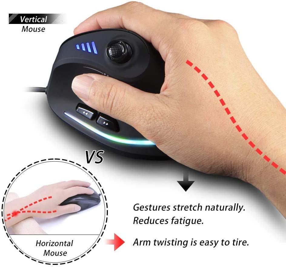 Zeerkeer Ergonomische Vertikale Maus mit 5-Wege-Joystick, RGB Gaming Maus Kabelgebunden, 11 Programmierbare Tasten, 10000 DPI, Komfortable Gamer Mouse mit Einstellbarem Licht für Windows PC/Laptop Bild 3