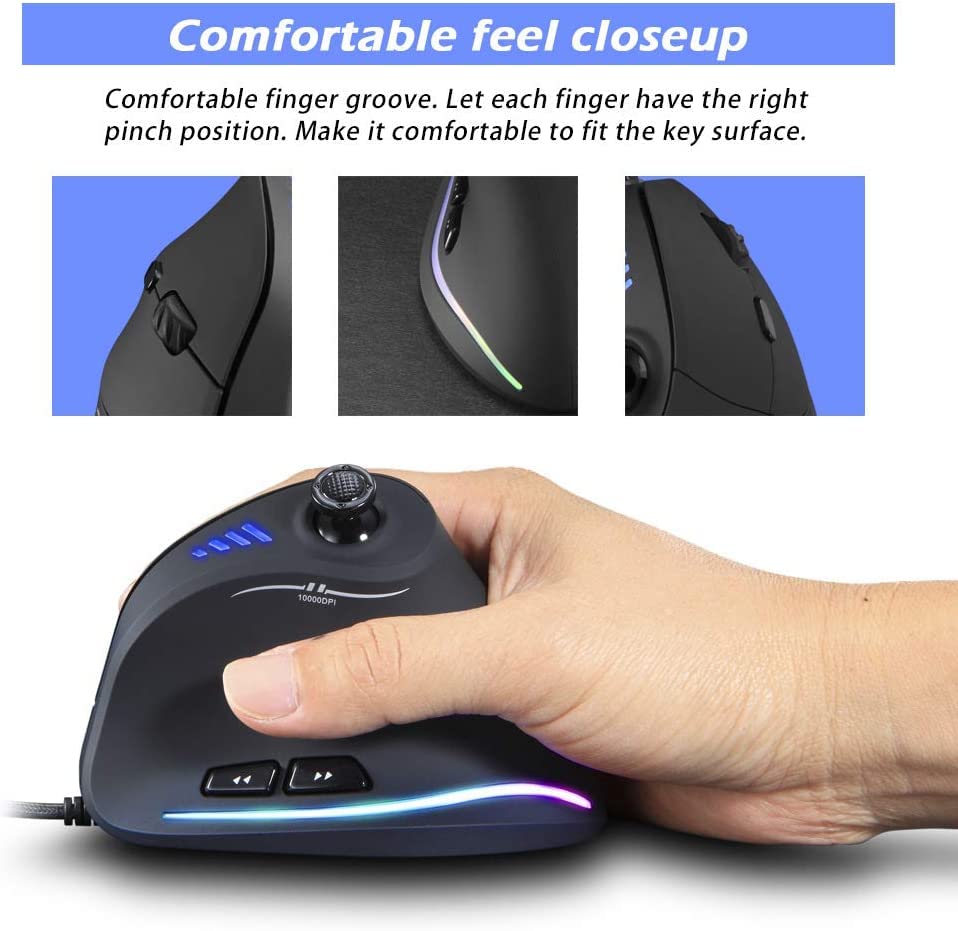 Zeerkeer Ergonomische Vertikale Maus mit 5-Wege-Joystick, RGB Gaming Maus Kabelgebunden, 11 Programmierbare Tasten, 10000 DPI, Komfortable Gamer Mouse mit Einstellbarem Licht für Windows PC/Laptop Bild 6