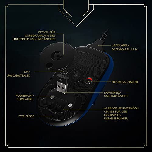 Logitech G PRO Kabellose Gaming-Maus - LIGHTSPEED, HERO 25K Sensor, 25.600 DPI, RGB, 4-8 programmierbare Tasten, Beidhändig, Offizielle League of Legends Edition Bild 5
