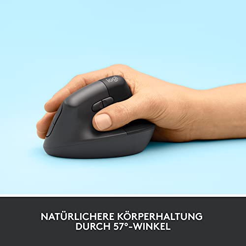 Logitech Lift Vertikale Ergonomische Maus, Kabellos, Bluetooth oder Logi Bolt USB-Empfänger, Leise Klicks, 4 Tasten, Kompatibel mit Windows/macOS/iPadOS, Laptop, PC - Grau Bild 4