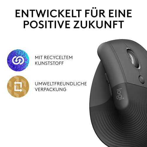 Logitech Lift Vertikale Ergonomische Maus, Kabellos, Bluetooth oder Logi Bolt USB-Empfänger, Leise Klicks, 4 Tasten, Kompatibel mit Windows/macOS/iPadOS, Laptop, PC - Grau Bild 6